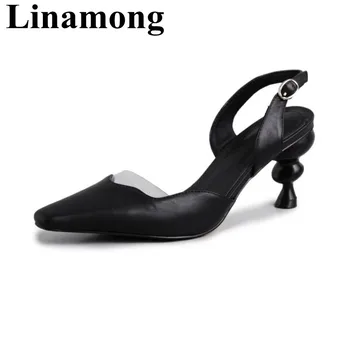 

2019 Newest PCV Splice Sesy Pointed Toe And Slingbacks Summer Fashion Strange Style Hihg Heel Buckle Sttrap Women Pumps