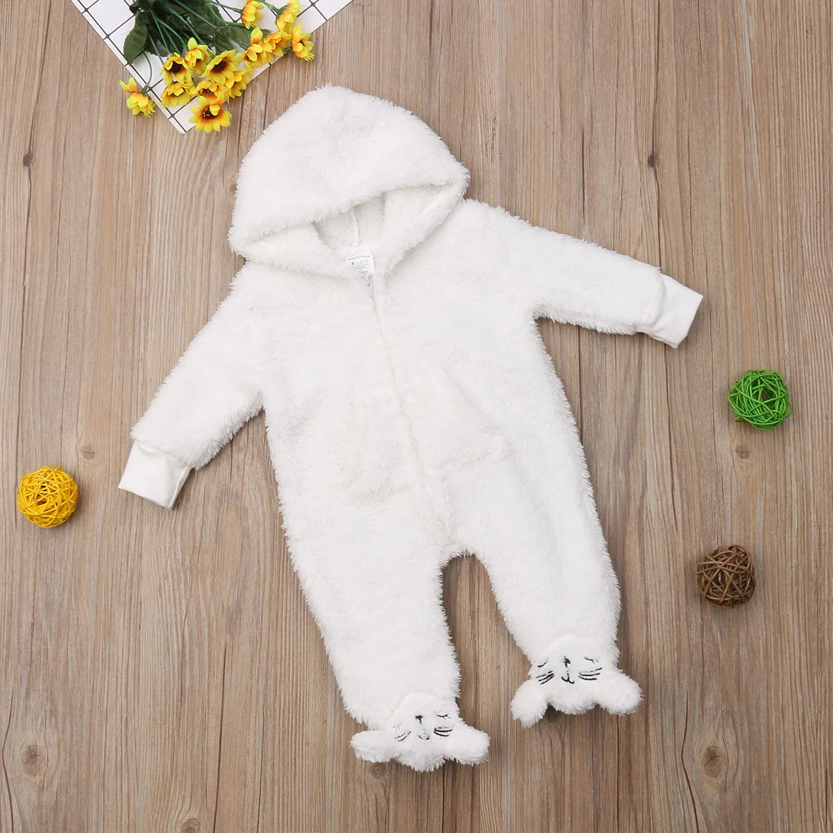 Newborn Baby Boy Girl Fuzzy Hooded Romper Babies Winter Warm Zipper Jumpsuit Outfits Set Clothes 0-12M