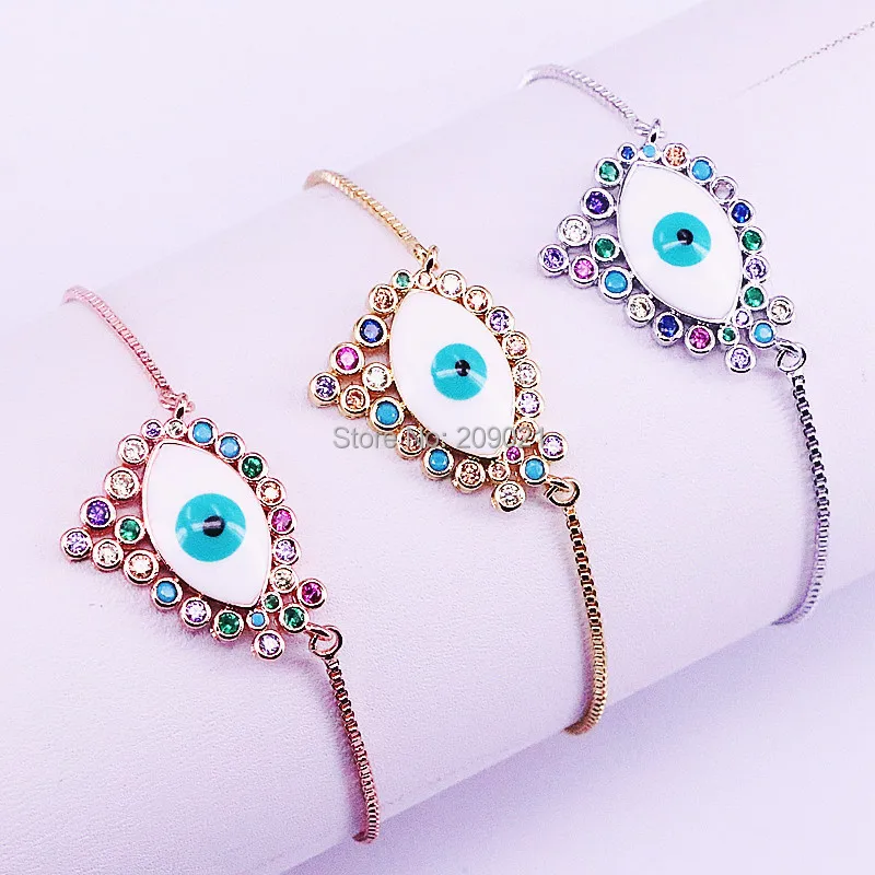 

8Pcs Pave Colorful Zirconia CZ Eye Connectors Adjustable Chain Charm Bracelets For Women Fashion Jewelry