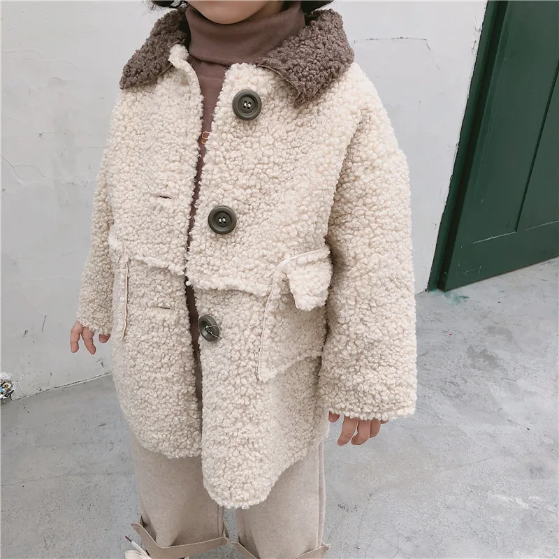 Модное детское пальто в Корейском стиле для девочек; плотная теплая шерстяная куртка с длинными рукавами; флисовая верхняя одежда с искусственным мехом; детская зимняя одежда