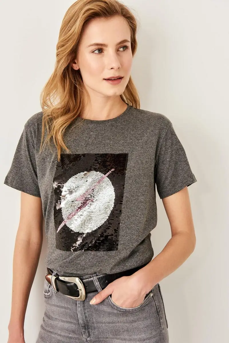 Trendyol антрацитовый Блесток Основные трикотажные футболки TWOSS19HS0046|Футболки| |