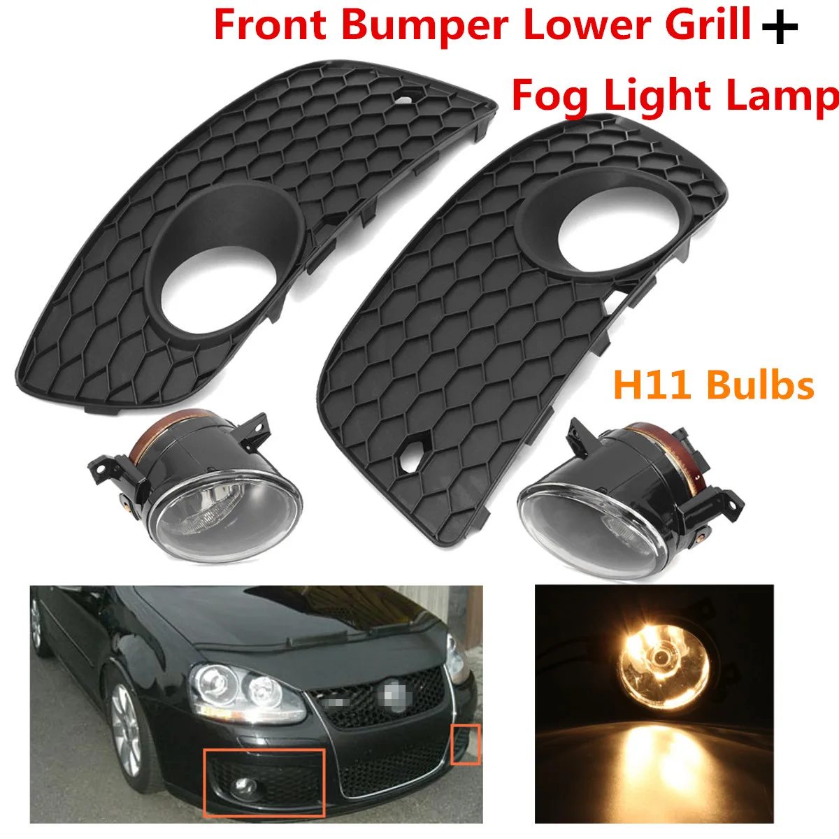 2Pcs Front Fog Light Lamp Assembly With H11 Bulb + Bumper Lower Grille
