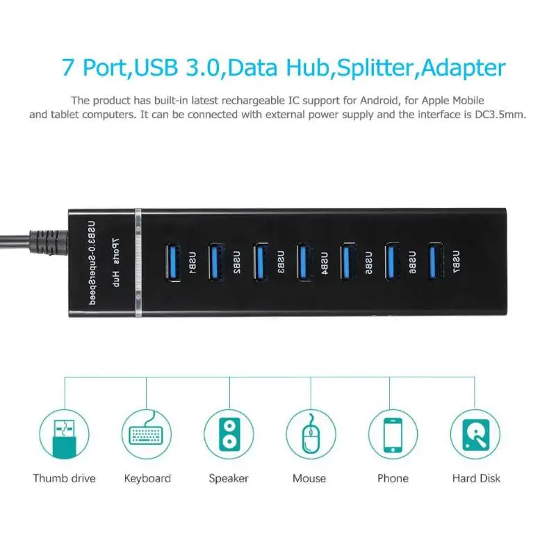 7 портов USB 3,0 концентратор сплиттер супер скорость 5 Гбит/с USB 3,0 расширитель для ПК ноутбук/Цифровая видеокамера/многоканальный аудио