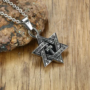 

Megan Star Of David With Cross Necklace Men Pendant Stainless Steel silver color Punk Jewish Jewelry
