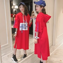 4964 Лето повседневное длинное платье с капюшоном размера плюс хлопок свободная футболка с принтом женское платье с коротким рукавом белый/черный/красный 3XL