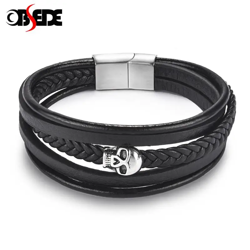 

Stainless Steel Skull Charms Leather Bracelet Men Punk Bangles Multilayer Wristband Gothic Jewelry Accessories Male Party Gifts