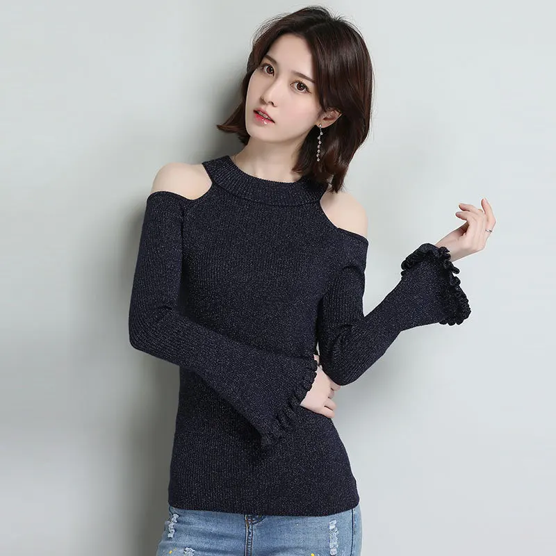 2018 autumn Korean version of the slim sweater women's head fashion hollow open shoulder ruffled shirt trumpet sleeve sweater