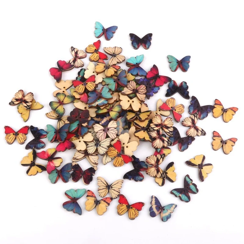 

New-Drawing Colorful Butterfly Wood Buttons for Sewing DIY Craft 100 Pcs