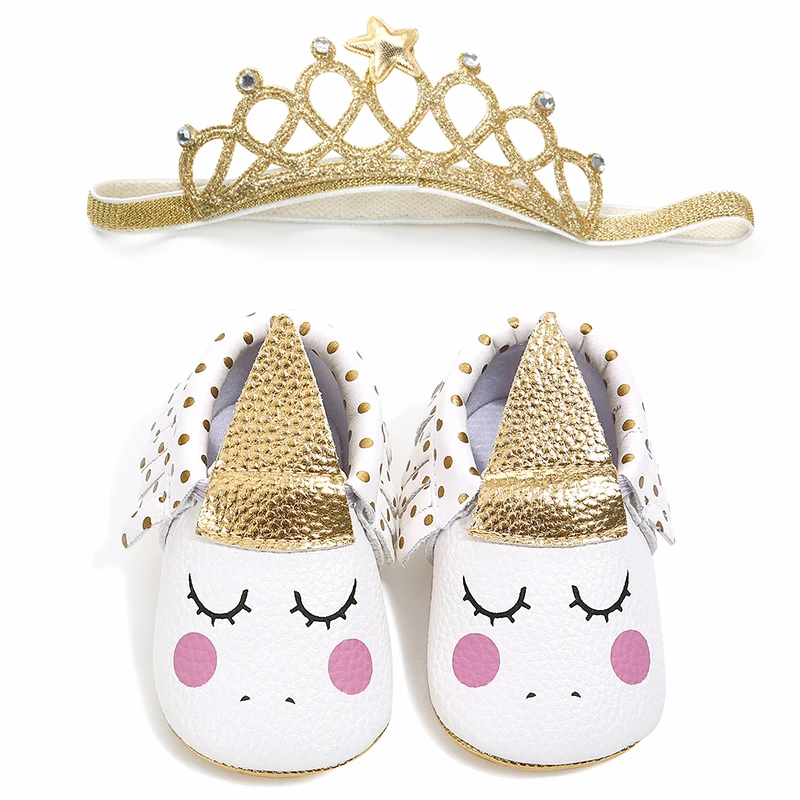 

2019 Infant Newborn Baby Girl Anti Slip Soft Sole Crib Shoes Tassel Moccasin Unicorn Crown Headband Princess Cute Child Kid Gift