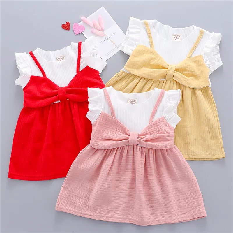 От 1 до 3 лет, платье для маленьких девочек, платье принцессы без рукавов с имитацией двух предметов для девочек, розовое, красное, желтое, белое кружевное платье, комплект для маленьких девочек