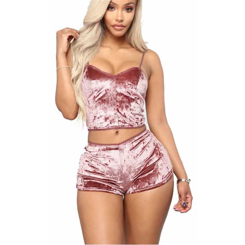 

Velvet Pajamas set 2019 Hot summer solid Vest top shorts two-piece sleepwear nightwear Fashion V Neck Clothes Sexy Lingerie Sale