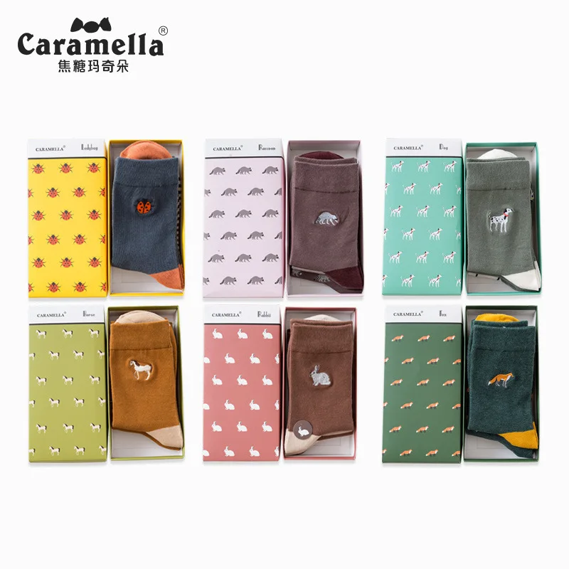 

Caramella Autumn And Winter Embroidery Cute Animal Jacquard Striped Crew Socks 3 Pairs/lot Gift Box 531513