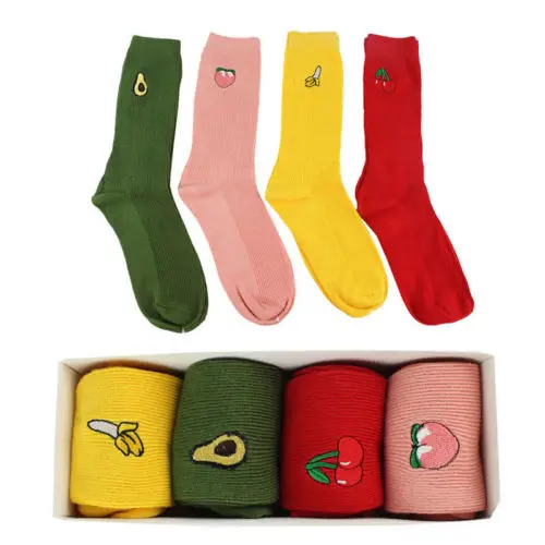 Women Cotton Socks Cute Fruit Print Retro Embroidery Cartoon Long High