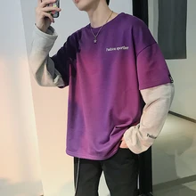Round Neck Long Sleeve hoodie men False Two Paper Split Joint Pullover Loose Coat Sweatshirt long sleeve two tone pullover hoodie