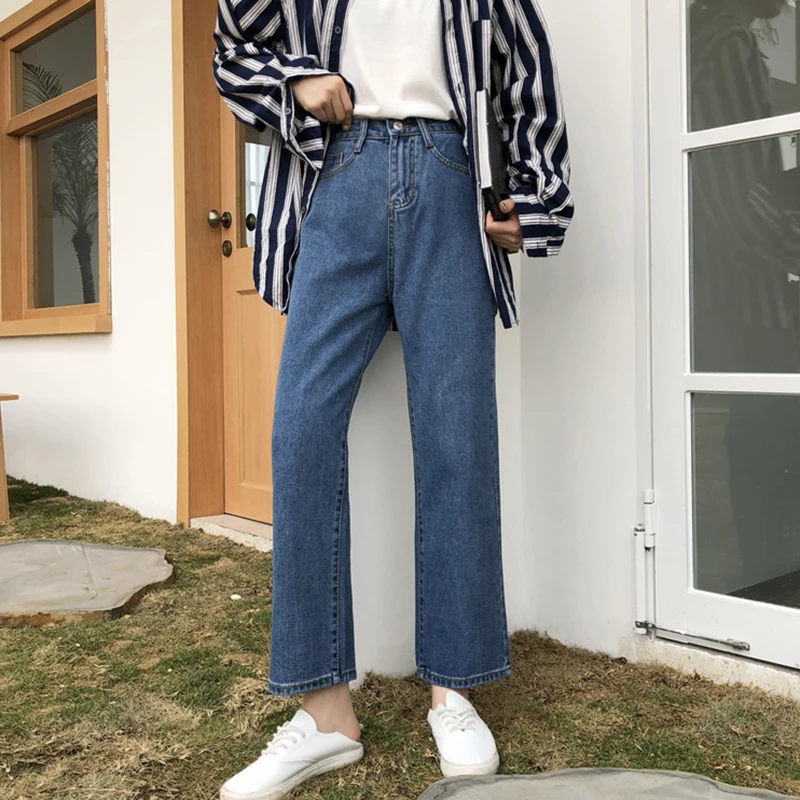 

Spring Summer Women Jeans Casual Vintage Boyfriend High Waist Straight Pants Blue Loose Female Jeans