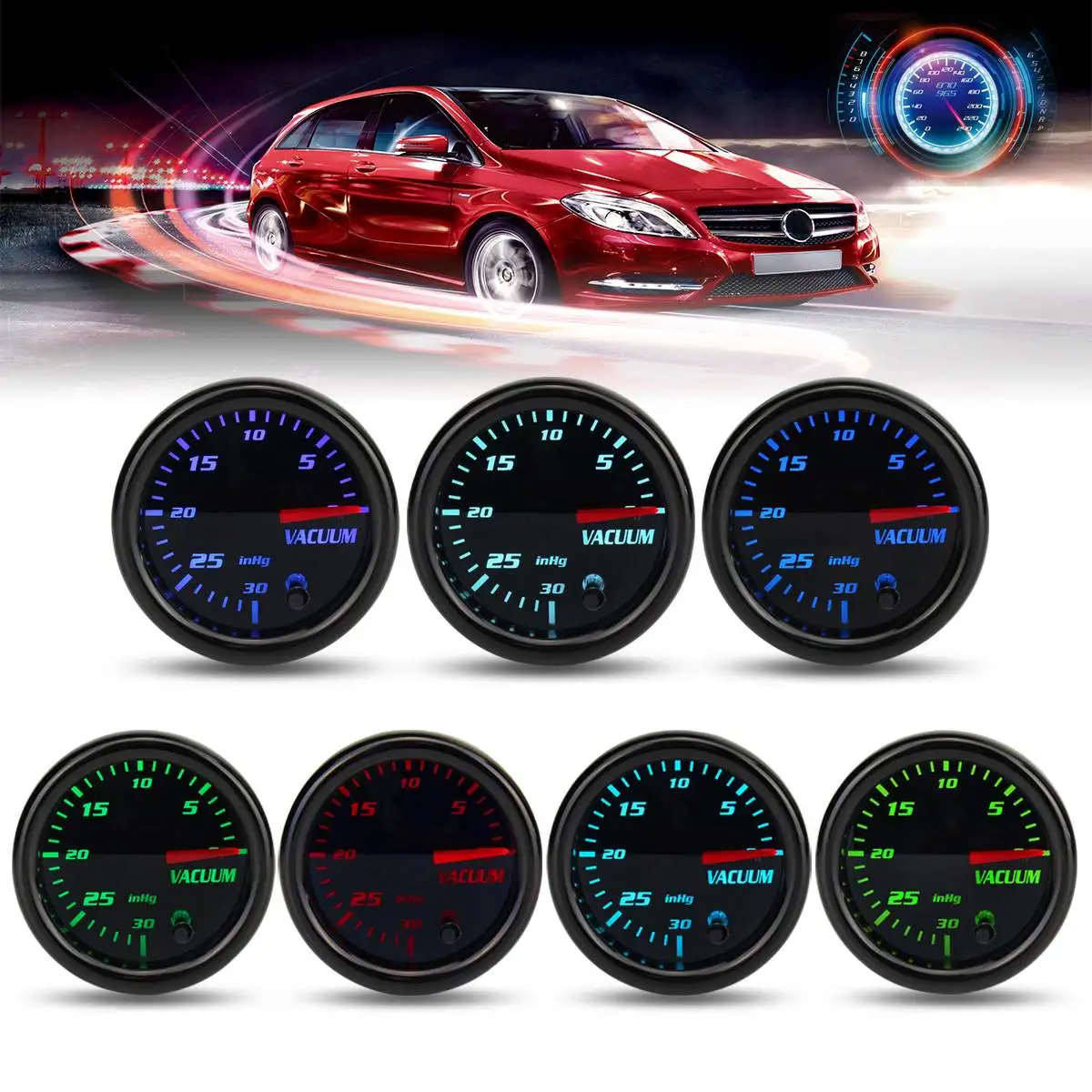 

Universal 2 Inch 52mm Mechanical Vacuum Intake Gauge Digital 7 Color LED Display Car Odometer 12V from -30 to 0 in HG