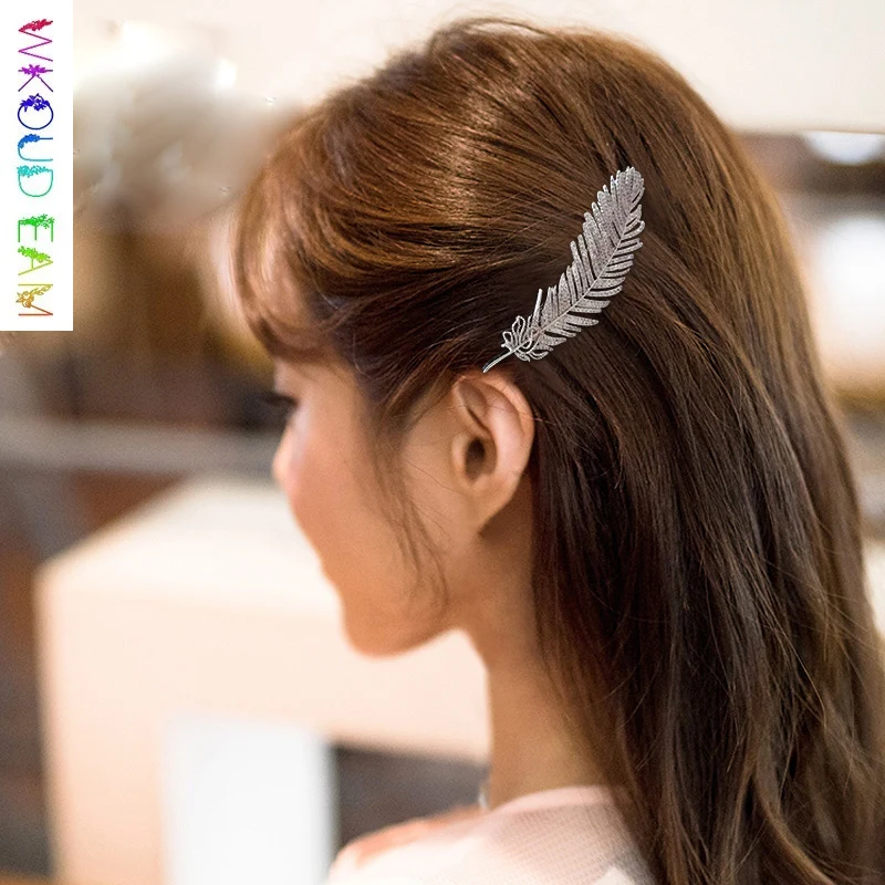 

WKOUD EAM 2019 Fashion Women Cubic Zirconia Hair Jewelry Feather Barrettes Iron Alloy Charm Hair Accessories Tocado S#TA247