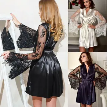 

2019 New Womens Fashion Openwork Lace Long Sleeve Silk Mini Dress Nightdress