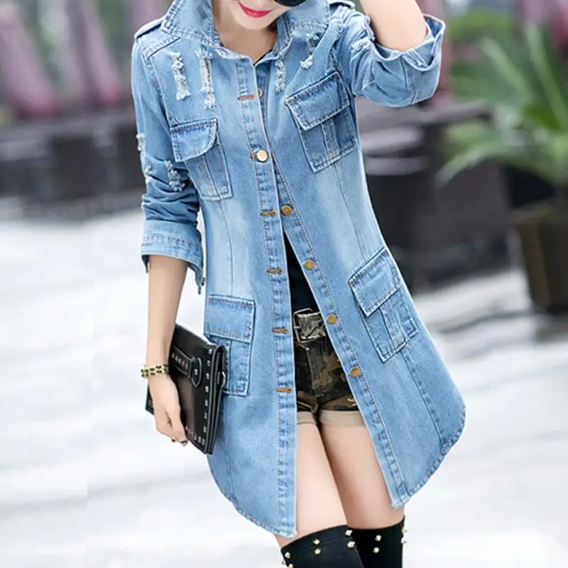 Spring Denim Long Jacket Coat Blue Slim Fit Wild Jean Jacket Fashionable Streetwear Female Coat Jean Long Sleeve Pockets Jackets