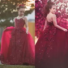 Elegant Dresses for Kids Wine Red Spaghetti Strap Flower Girl Dresses Princess Gown TUTU Floor Length For Wedding Party Dress