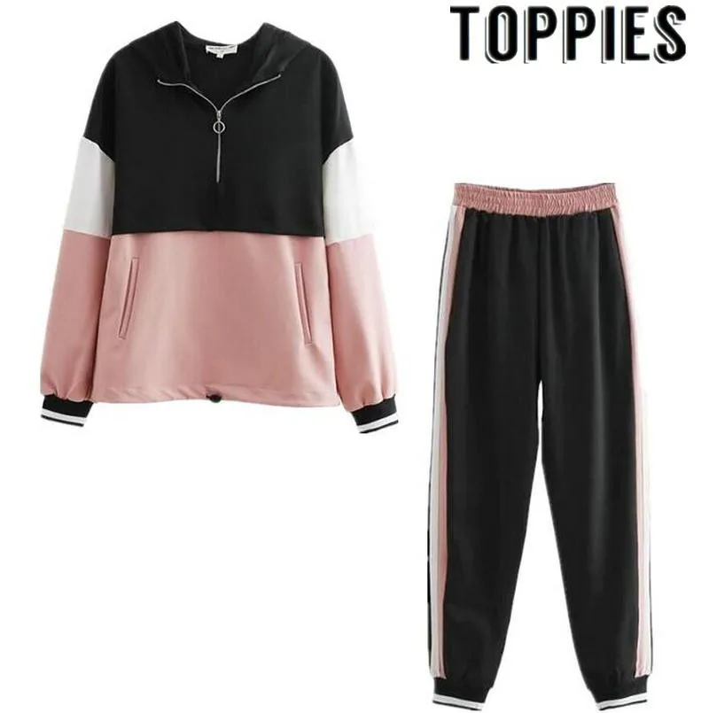 

2019 Spring New Pattern Pink Patchwork Causal Hooded Sweatshirt with Pockets Side Striped Jogging Pants Women Causal Tracksuits