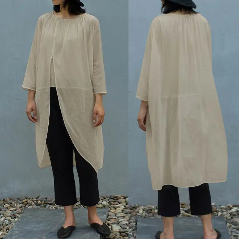 

Celmia Plus Size 2019 Vintage Women Linen Tops New Spring Long Shirts Casual Loose Chic Blouses Solid Asymmetrical Blusas Mujer