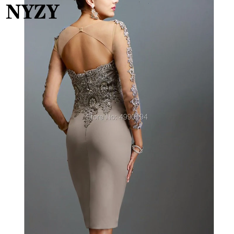 NYZY C103 Keyhole Back Silver Lycra Lace Evening Dress Short Illusion Long Sleeves Robe Cocktail Dress