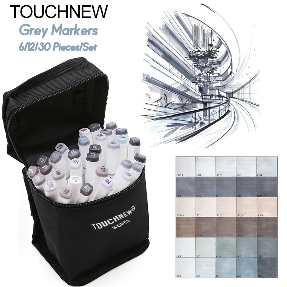 

TOUCHNEW 6/12/30 Colors Grayscale Art Markers set Double-Head Sketch Marker Pen Alcohol Based Ink Neutral Gray Tons Art Supplies