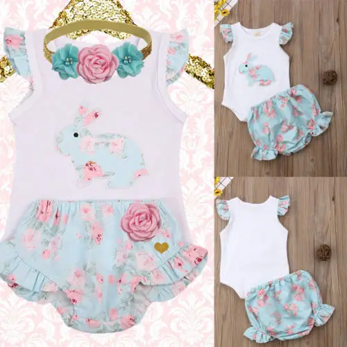 

2019 Easter 2Pcs Cute Toddler Kids Baby Girls Summer Rabbit Romper T-shirt Tops+Shorts Pants Infant Casual Outfit Set