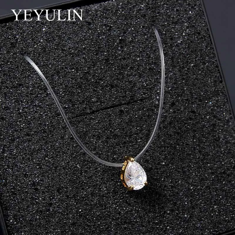 

Silver Plated Golden Necklace With Water Droplets Shape Alloy Crystal Pendant Necklaces For Women Girls Birthday Gift Jewelry