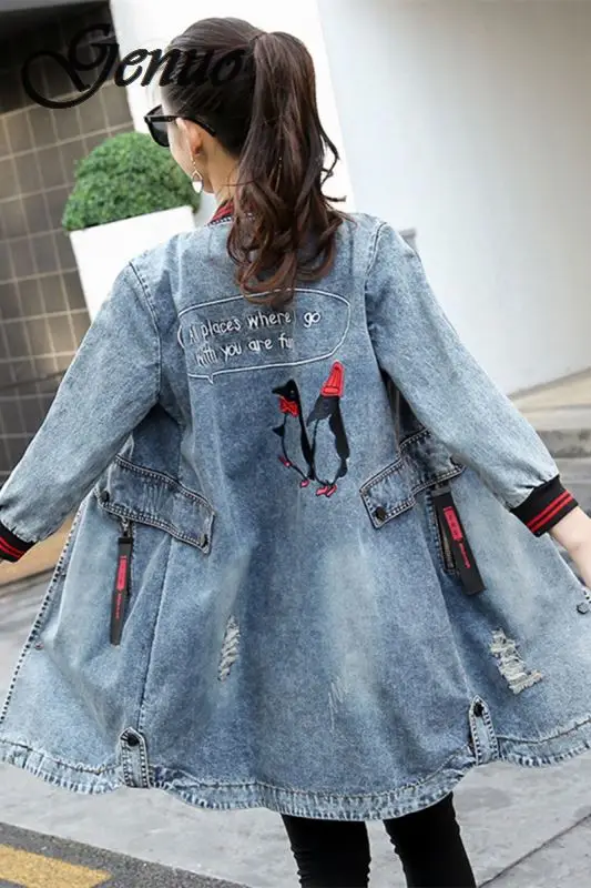 

Embroidery Denim Jacket Coat Spring Long Ripped Denim Jacket Women Plus Size Jeans Jacket Women 2019 Tops