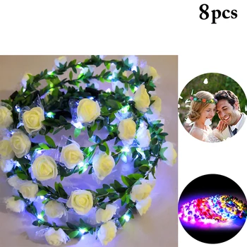 

8PCS Flower Headband 10 LEDs 9 Fake Flowers Glowing Garland Headdress Mori Korean Version Of The Flash Green Leaf Bubble Garland