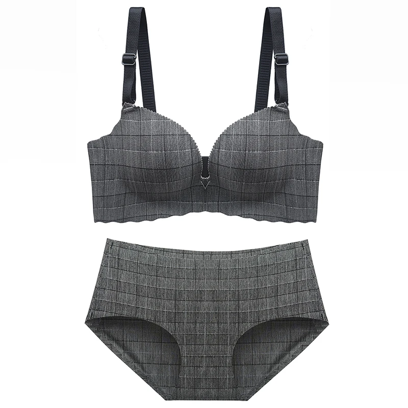 

Sexy Bra Briefs Set For Women Seamless Panties Lingerie Set Fashion Plaid 3D Cup Wire Free Bralette Push Up Bra Underwear Set #E