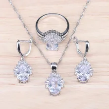 925 пробы серебро белый 3 шт набор украшений для женщин с Цепочки и ожерелья серьги брелки на кольцах для свадьбы