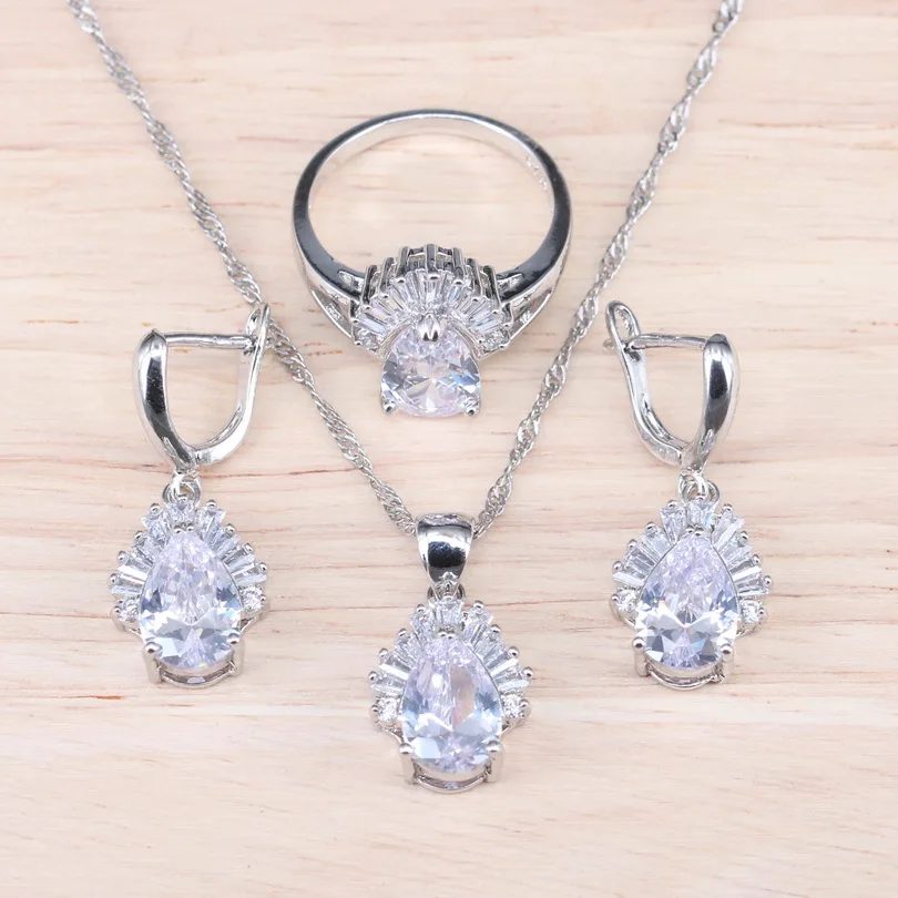 

925 Sterling Silver White 3PCS Jewelry Set For Women With Necklace Earrings Rings Pendants For Wedding