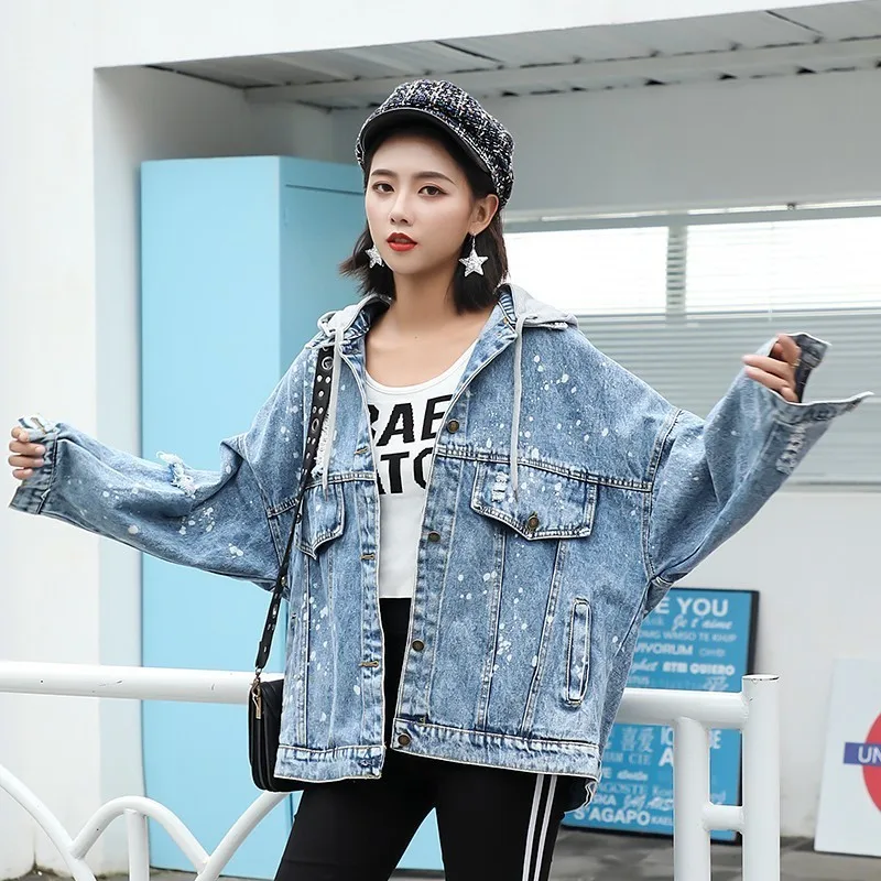 Джинсы-бомберы с принтом размера плюс в Корейском стиле Kpop с потертостями, Базовая куртка для женщин, рваное джинсовое пальто женское, уличная одежда Harajuku, осень