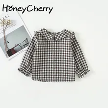 Рубашка в клетку с длинными рукавами; детские школьные блузки с кукольным воротником для девочек; новая хлопковая рубашка для мальчиков; топ для девочек; блузка