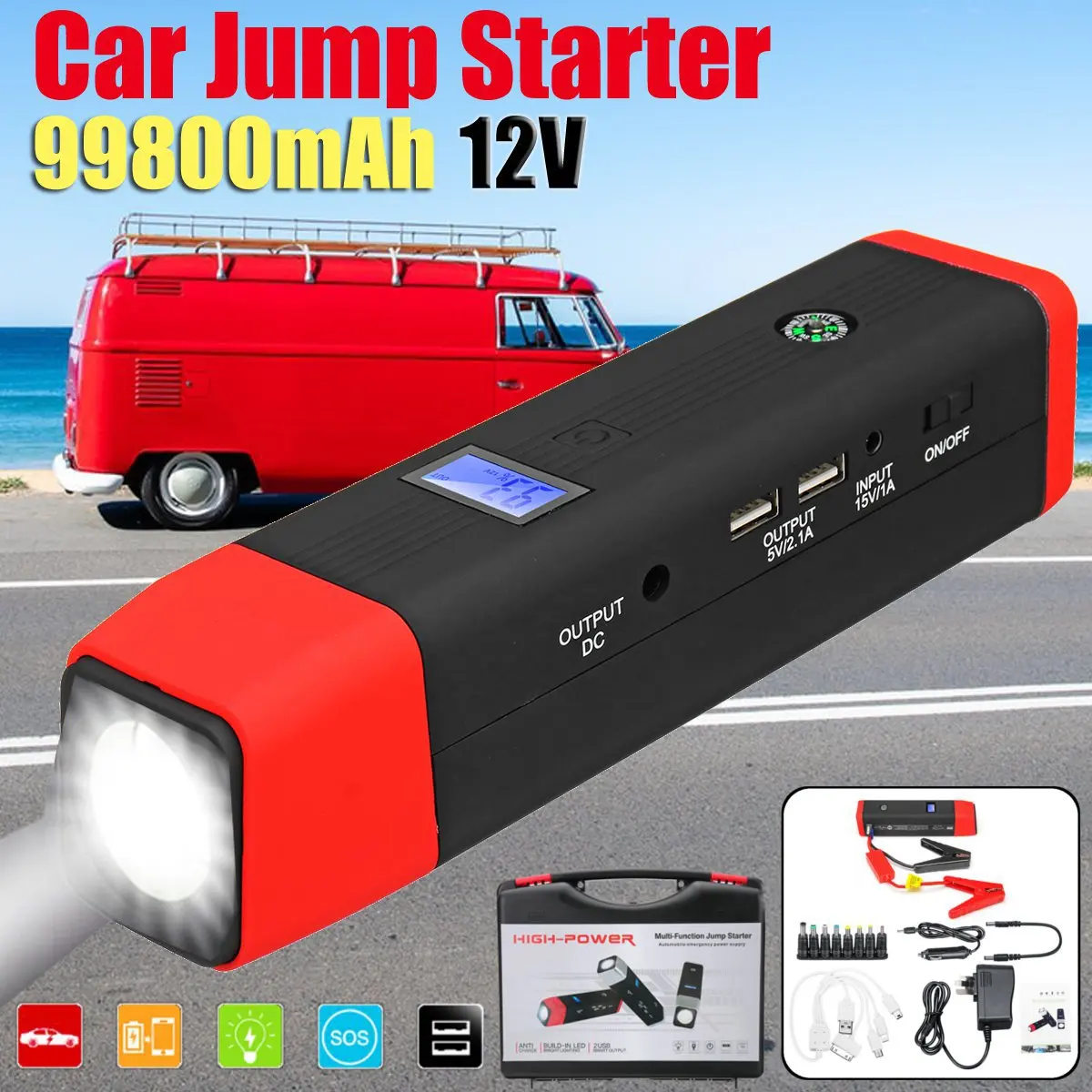 Multifunction Jump Starter 99800mAh 12V 2USB 500A Portable Car Battery Booster Charger Booster Power Bank Starting Device