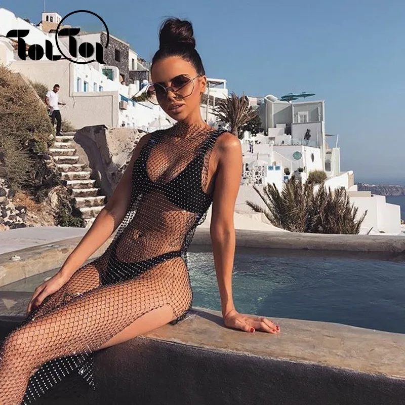 

Sexy Split Diamond Dress Women Bling Bling Summer Hollow Out Party Dress White Black Mesh Club Dress Ladies Vestidos Black