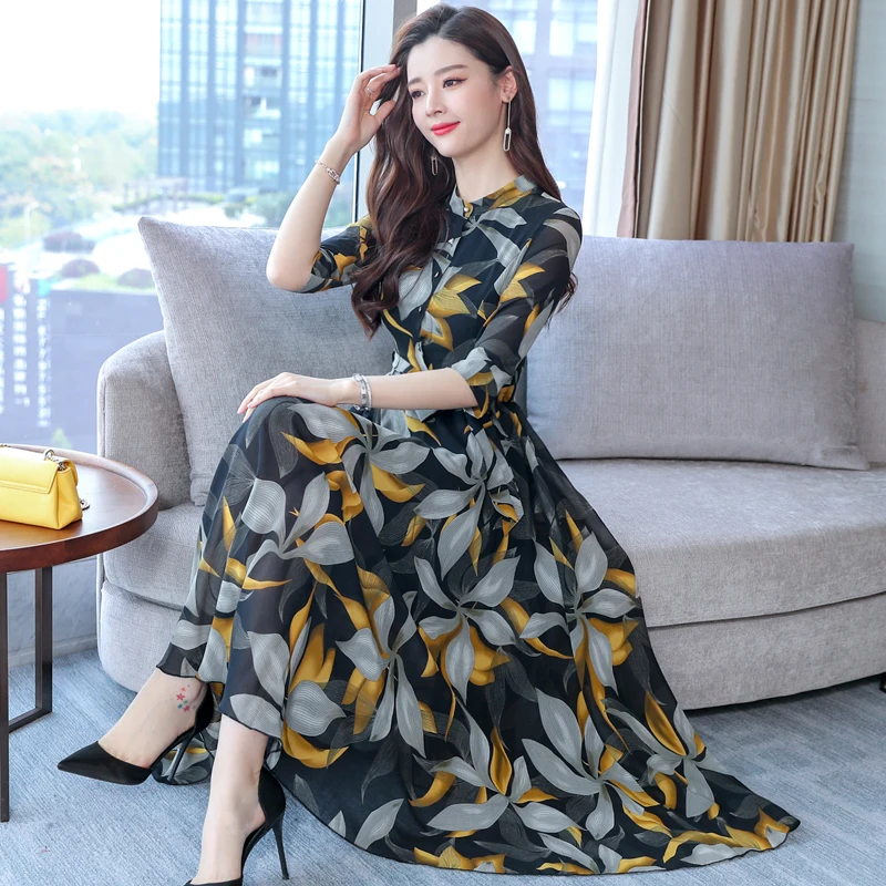 2019 Primavera Vestido De Gasa Estampado Casual Temperamento Mujeres Floral Vestidos Largos Vestido De Fiesta Vestido M 3xl Tamaño Vestidos Aliexpress