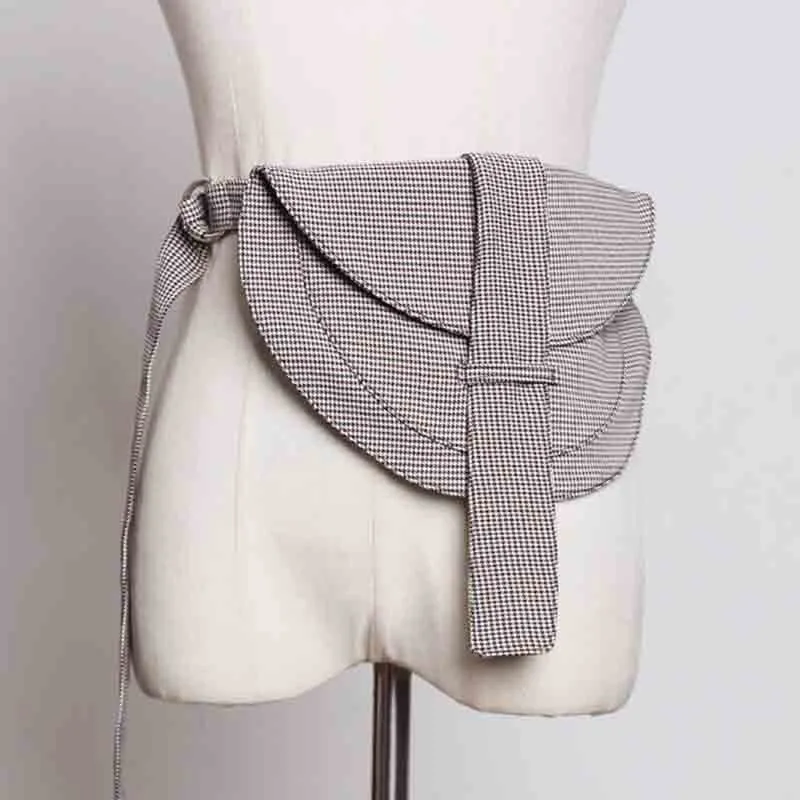 

[YaLee] New Fashion 2019 Spring Summer Detachable Mini Bag Girdle Double Metal "D" Buckle Lattice Long Waist Belts Women Y803