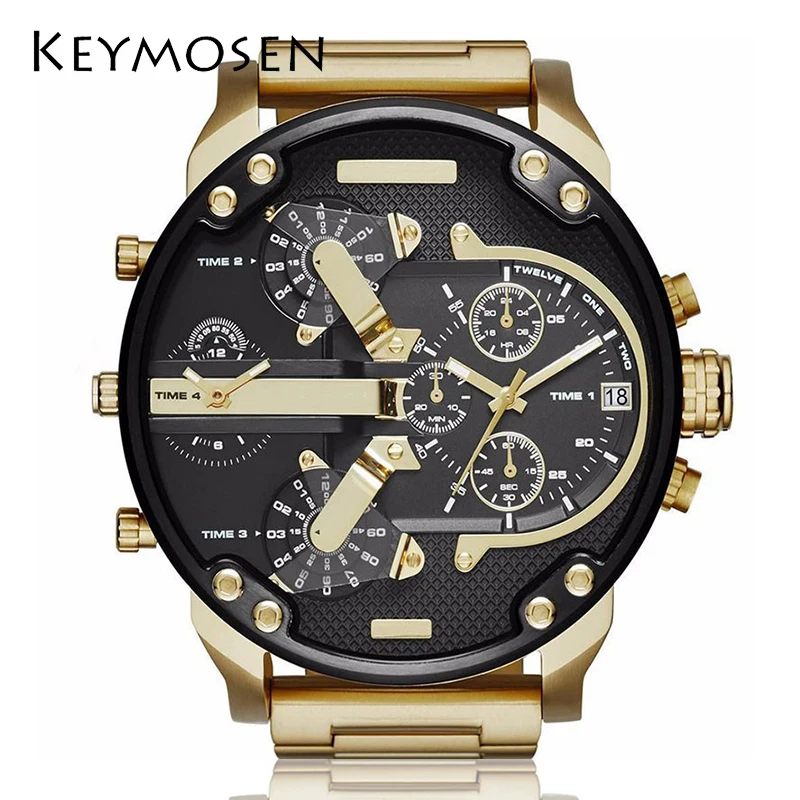 

KEYMOSEN Men Quartz Wristwatches Multi-function Watch Dual Display Multiple Time Zones Large Dial Man Watch Luxury Gold