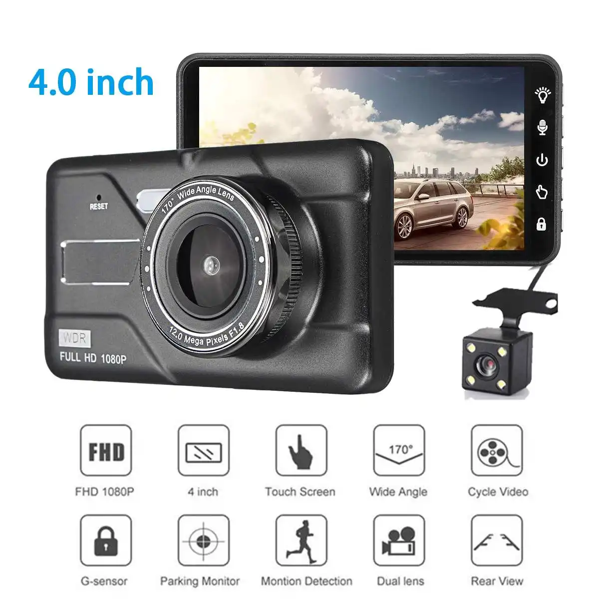 

4 inch HD Car Driving Recorder Touch Screen Front/Rear View G-sensor Parking monitor Car Camera Loop Recording 1080P 170 Angle