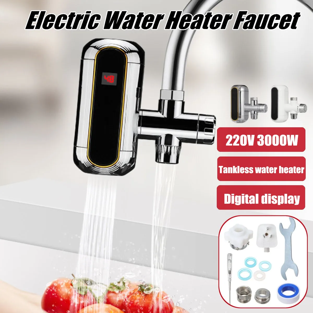 3000W Electric Water Heater Tankless Kitchen Instant Hot Water Tap