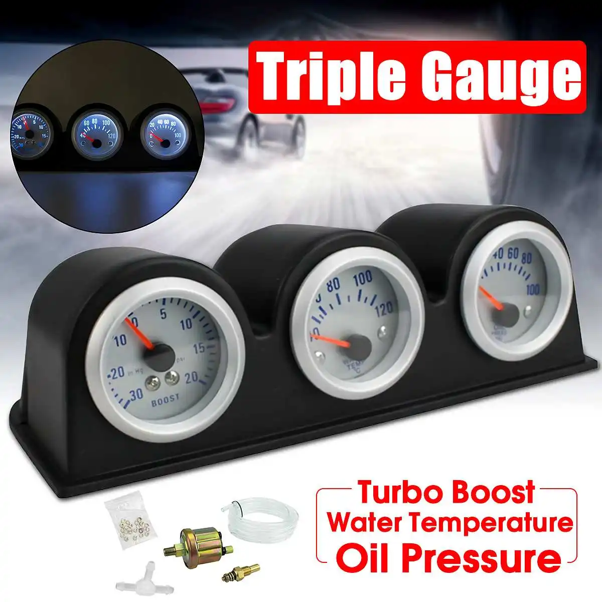 

2" (52mm) 3in1 Car Led Triple Gauges Turbo Boost+Water Temperature+Oil Pressure Gauge DC12V Auto Universal Professional Gauges