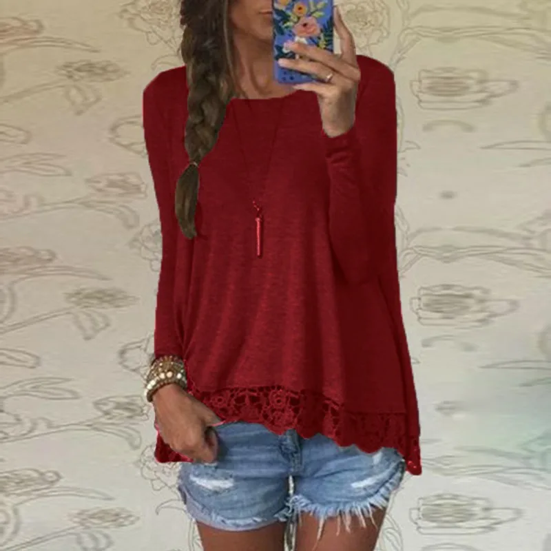

ZANZEA 2019 Spring Autumn Blouses Shirts Women Elegant Casual Loose Long Sleeve O Neck Lace Patchwork Solid Pullover Tops 5XL