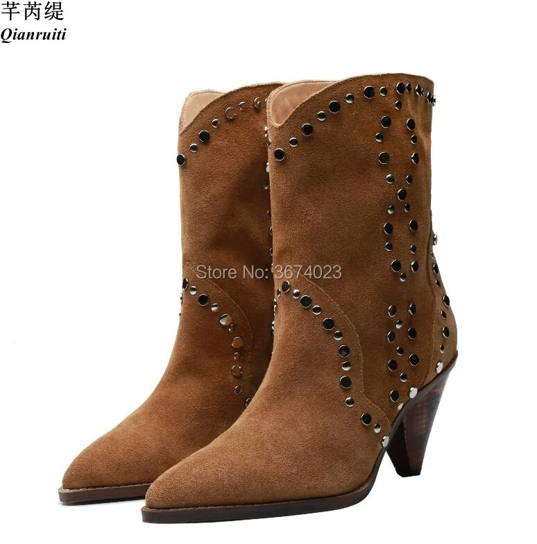 Femmes De Cowboy Western Pointu Qianruiti Rivets En Clouté Conique Bout Talons Piste Bottes On Slip Daim Vache Spike pqdnAwnX5