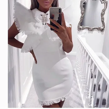 

Summer Women White Party Dress Vestidos Sexy Sleeveless Ruffles Tassel Black Mini Dress Bodycon Club Dress