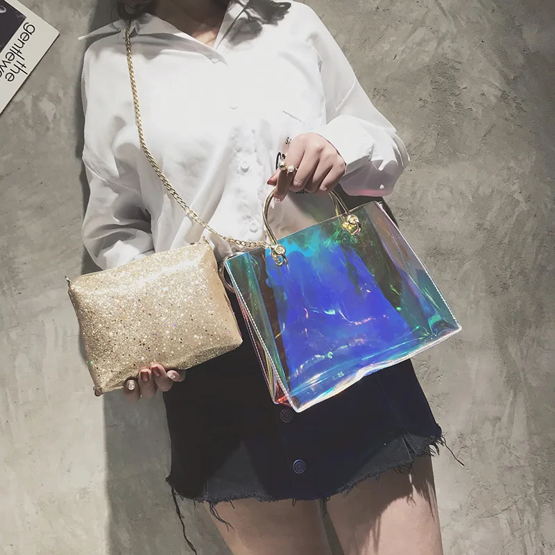 

Chain Bag Transparent Packet Ms 2019 New Laser Mini Shoulder Girl Satchel Portable Women's PU Transparent Solid Color Jelly Pack