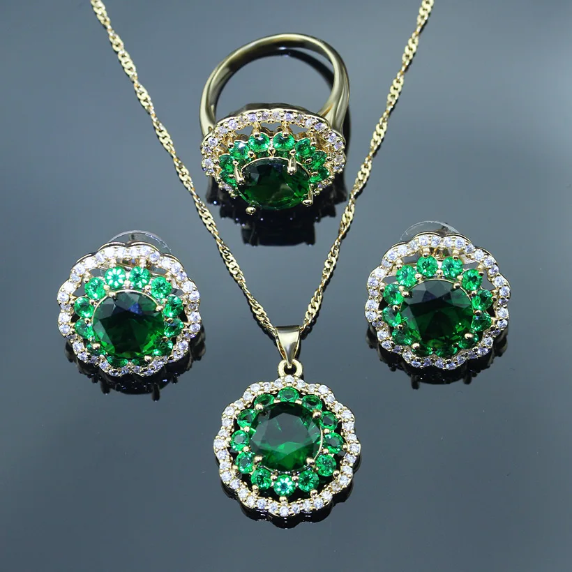 Green Wedding Jewelry Sets For Women Gold Color Necklace&Earrings Ring